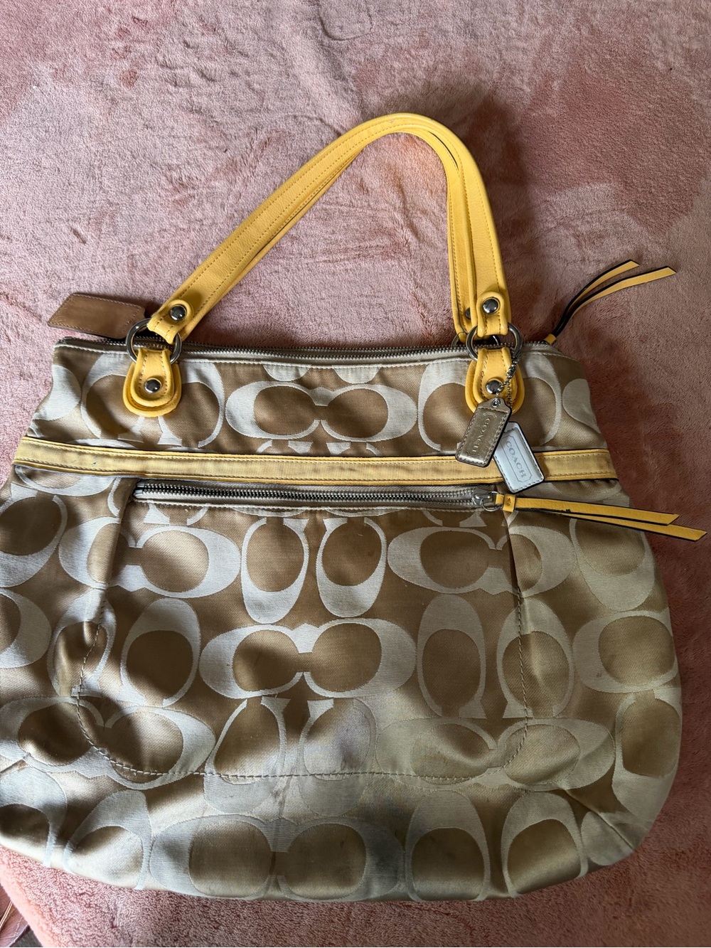 Coach Khaki Signature Shoulder Bag with Yellow Trim